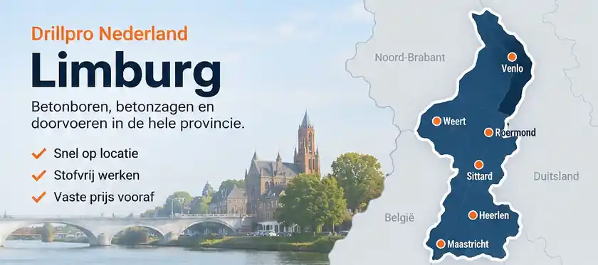 Limburg: illustratieve provinciekaart met stadsbeeld in de huisstijl van Drillpro Nederland